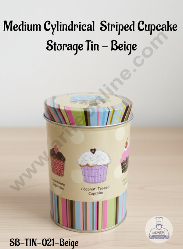CAKE DECOR™ Medium Cylindrical  Striped Cupcake  Storage Tin - Beige │SB-TIN-021-Beige│