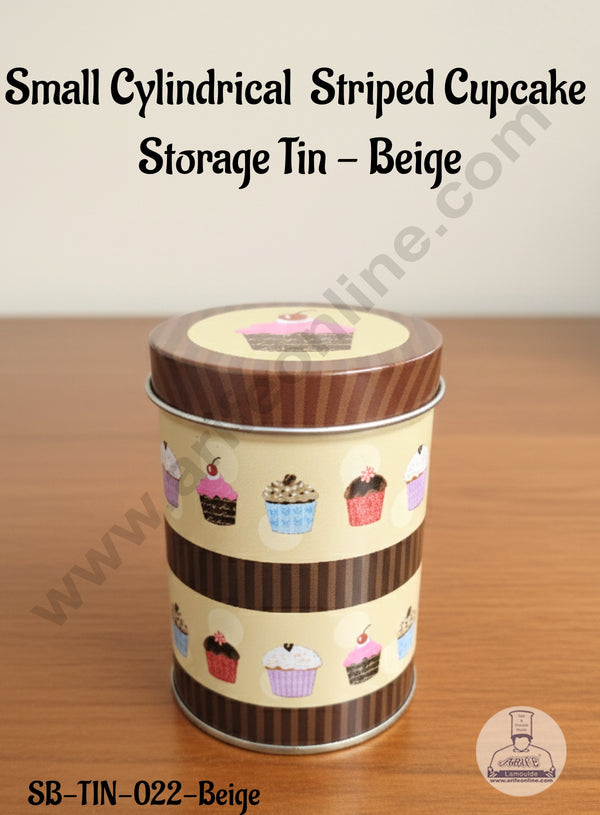 CAKE DECOR™ Small Cylindrical  Striped Cupcake  Storage Tin - Beige │SB-TIN-022-Beige│