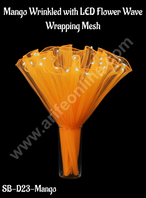 CAKE DECOR™ Mango Colour Wrinkled with LED Flower Wave Wrapping Mesh | Flower Wrapping Bouquet |  (SB-D23-Mango)| 1 Pc|
