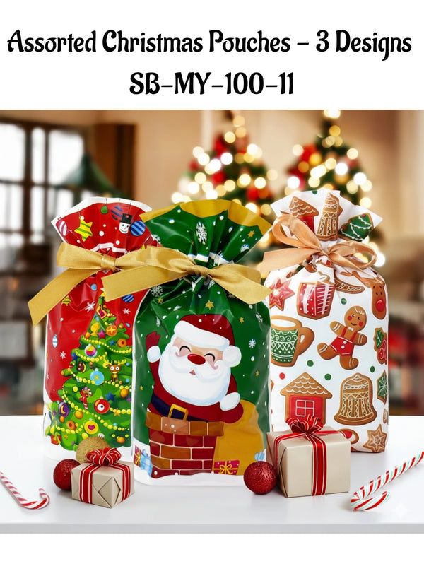 CAKE DECOR™ Small Assorted Christmas Pouches - 3 Designs | SB-MY-100-11| 10 Pieces Pack| Size: 17.5 cm X 12 cm |
