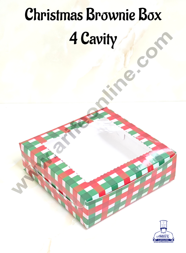 CAKE DECOR™ Red & Green Christmas Theme 4 Cavity Brownie Boxes with Clear Window | Brownie Carriers - 10 Pcs Pack | Design- 03