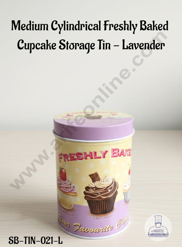 CAKE DECOR™ Medium Cylindrical Freshly Baked  Cupcake Storage Tin - Lavender│SB-TIN-021-L│