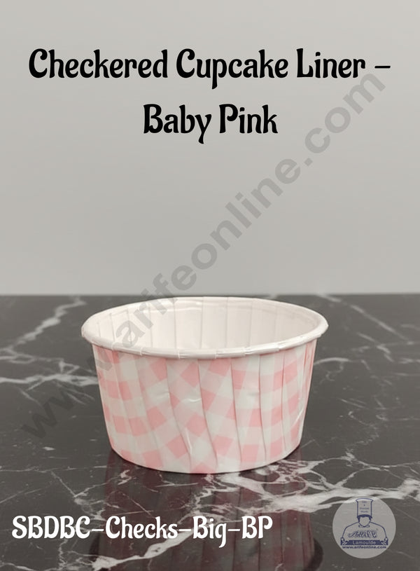 CAKE DECOR™ Baby Pink Checkered Direct Bake-able Paper Muffin Cups - Big (50 Pcs Pack)