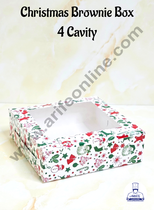 CAKE DECOR™ White Christmas Theme 4 Cavity Brownie Boxes with Clear Window | Brownie Carriers - 10 Pcs Pack | Design- 02