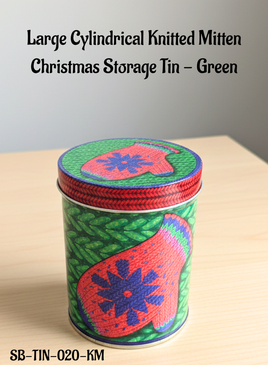 CAKE DECOR™ Large Cylindrical Knitted Mitten Christmas Storage Tin - Green │Height: 14 cm x Diameter: 10.5 cm│