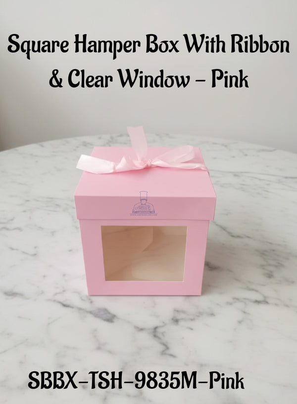 Square Hamper Box With Ribbon & Clear Window - Pink | 15 x 15 x 15 cm | 1 Piece - CAKE DECOR™
