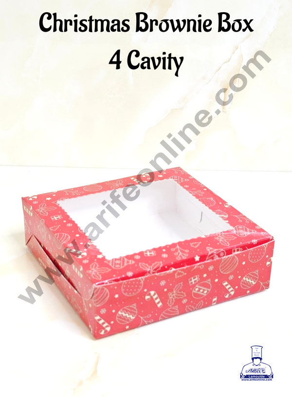 CAKE DECOR™ Red Christmas Theme 4 Cavity Brownie Boxes with Clear Window | Brownie Carriers - 10 Pcs Pack | Design- 04