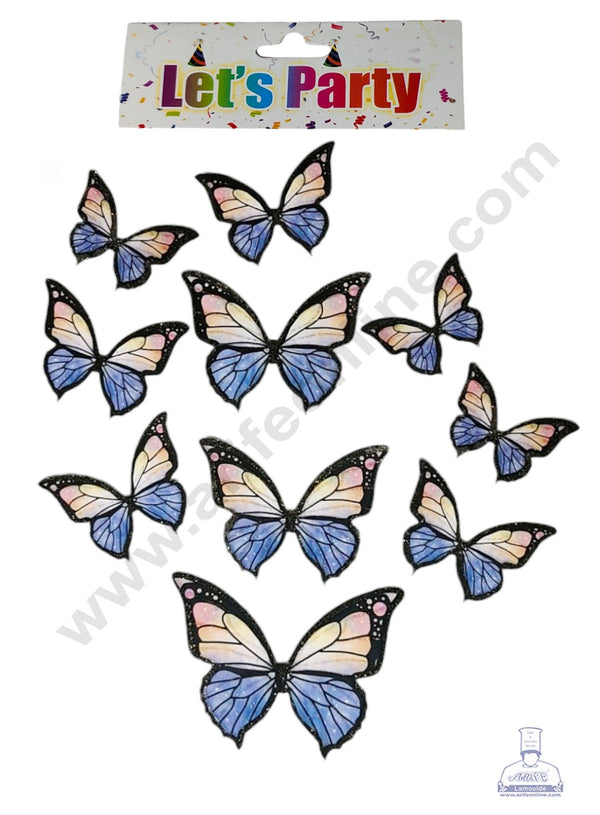 CAKE DECOR™ 10 Pcs Let's Party Blue & Pink Shade With Black Outlines Glitter Butterfly Paper Topper For Cake And Cupcake