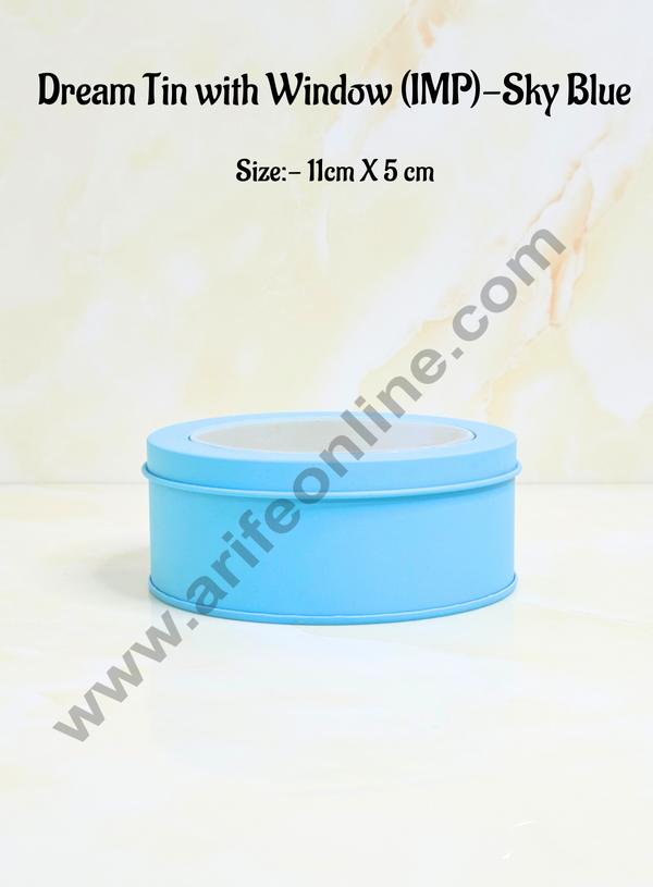 CAKE DECOR™ Dream Tin with Window (IMP) | Dream Cake Tin Torte cake Cookie Cake Tin - Sky Blue Color - 11 cm X 5cm