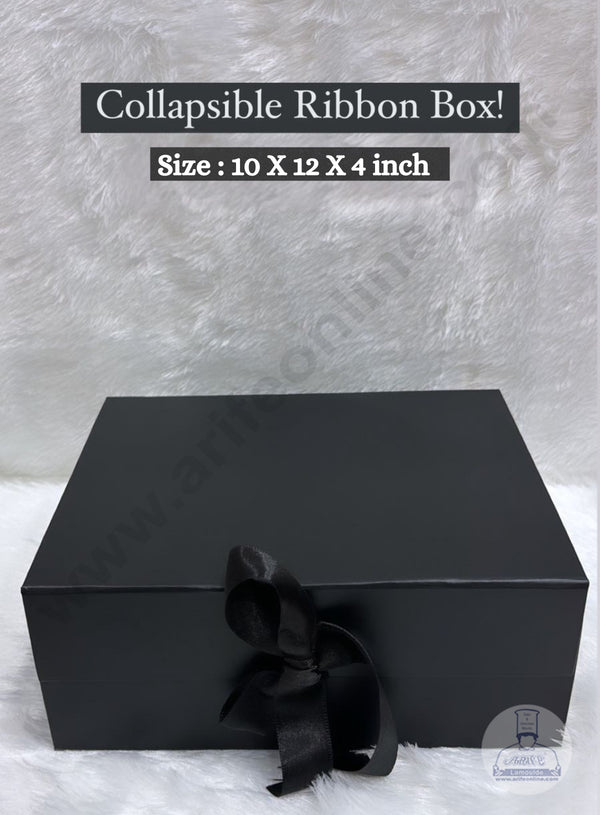 CAKE DECOR™ Black Color Folding Hard Hamper Box with ribbon | 10X12X4 Inch | Gift Box | Present Box - 1 Pc | (SBBX-HFFB-D12)