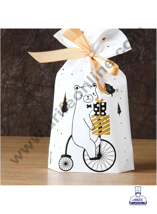 Cake Decor ™ Big White Color Christmas Theme Cookie pouch Plastic Drawstring Bag Treat With Ribbon | Design - 02  | Pack of 10 | (23cm X 15cm)