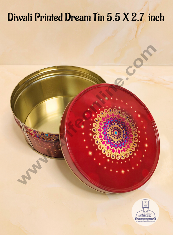 CAKE DECOR™ Dream Cake Tin Torte Cake Cookie Cake Tin Traditional Diwali Printed Design - Red & Golden Color - 5.5 x 2.7 Inch