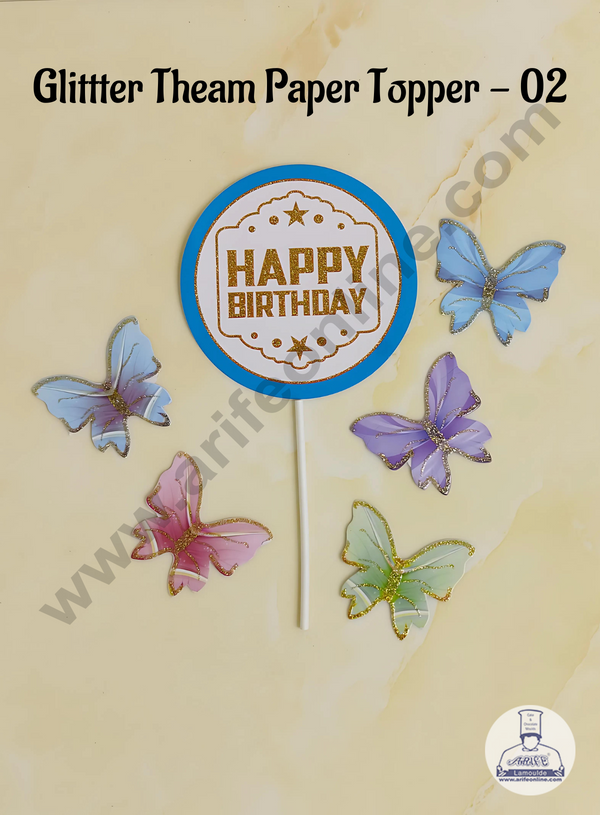 CAKE DECOR™ 6 pcs Blue Round Happy Birthday Day Tag with Multi Colour Glitter Butterfly Paper Topper For Cake And Cupcake