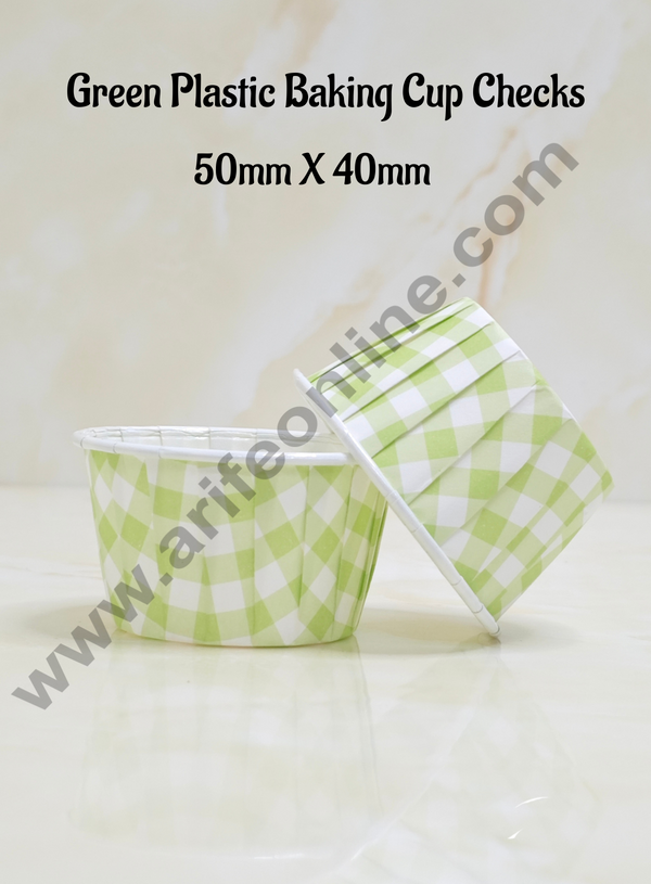 Cake Decor™  Plastic Baking Cup Checks Direct Bake-able Paper Muffin Cups - Green Checks (100 Pcs)