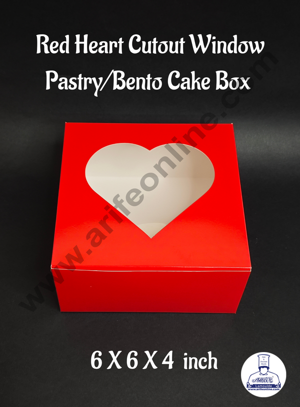 CAKE DECOR™ Red Heart Window Cake Box - Ideal for Cakes, Cupcakes, and Desserts Pastry/Bento  Box - 6 X 6 X 4 inch ( Pack of 10 Pcs )