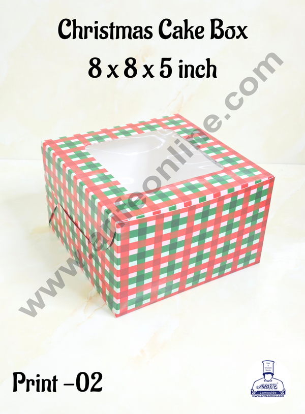 CAKE DECOR™ Red & Green Checks Christmas design 1/2 kg Cake Box (8 x 8 x 5 inch) | Small | Print -02 | 10 Pcs Pack