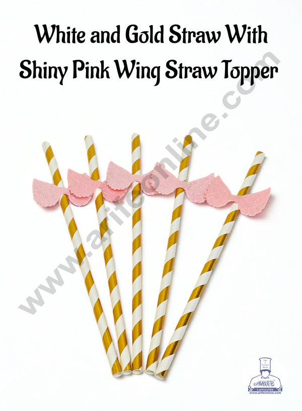 White and Gold Straw With Shiny Pink Wing Straw Topper For Cake Decoration - CAKE DECOR™