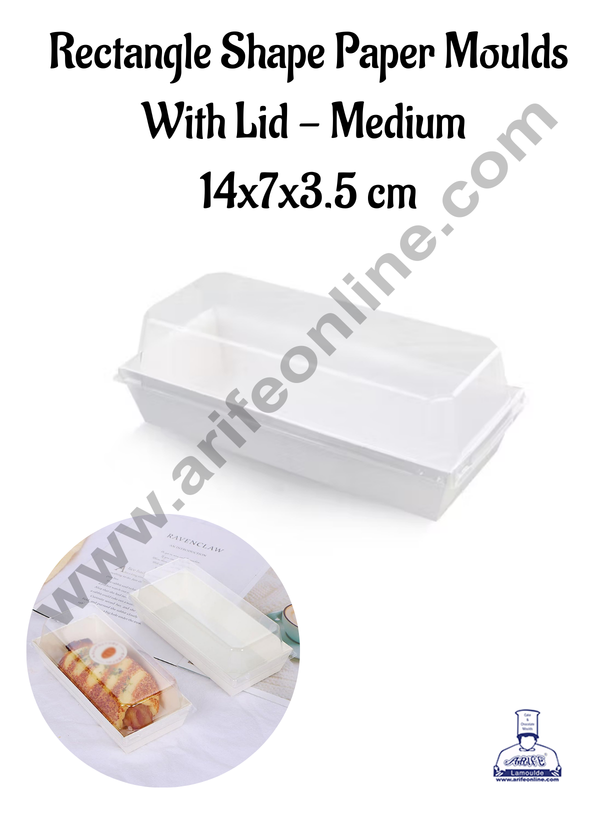 CAKE DECOR™ Rectangle Shape Paper Moulds With Lid - White- Medium (10 Pcs Pack)