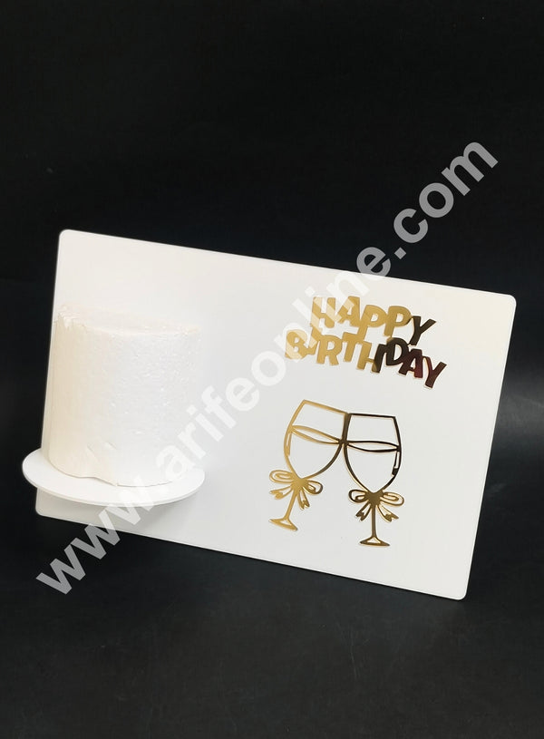Happy Birthday Acrylic Cake Frame With Two Glasses | White Detachable Cake Display Stand| Elegant Cake Presentation Board - CAKE DECOR™