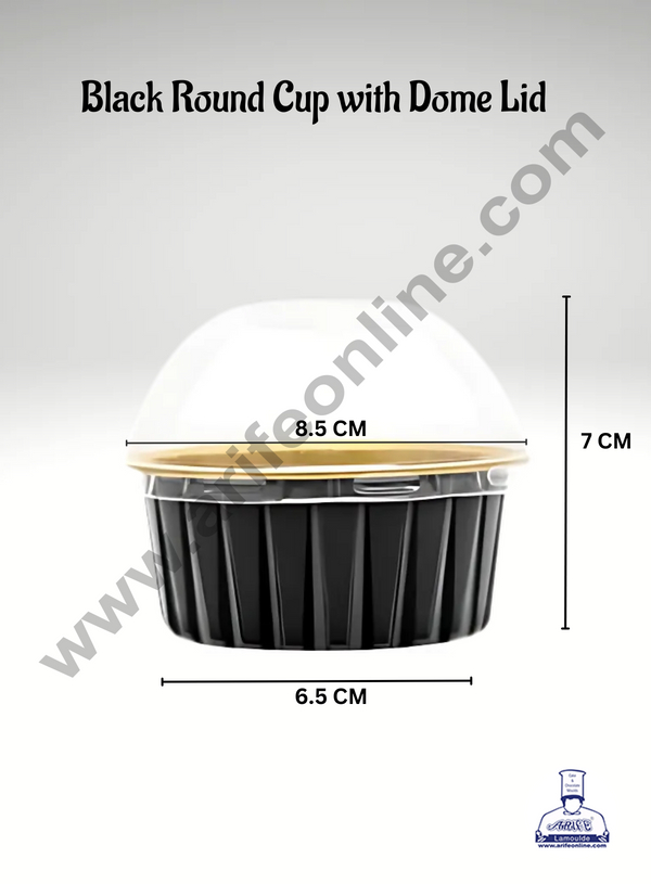 CAKE DECOR™ Black Round Frill Aluminium Tin Foil Baking Cups with Dome Lid | Non-Stick Bake & Serve Aluminium Containers (Pack of 5)