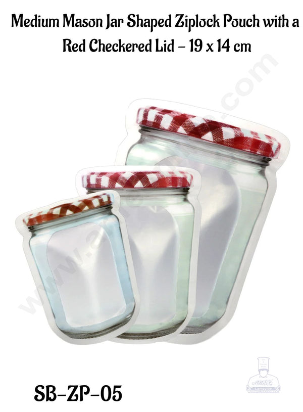CAKE DECOR™  Medium Mason Jar Shaped Ziplock Pouch with a  Red Checkered Lid - 19 x 14 cm (Pack of 10) - SB-ZP-05