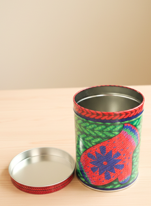 CAKE DECOR™ Large Cylindrical Knitted Mitten Christmas Storage Tin - Green │Height: 14 cm x Diameter: 10.5 cm│