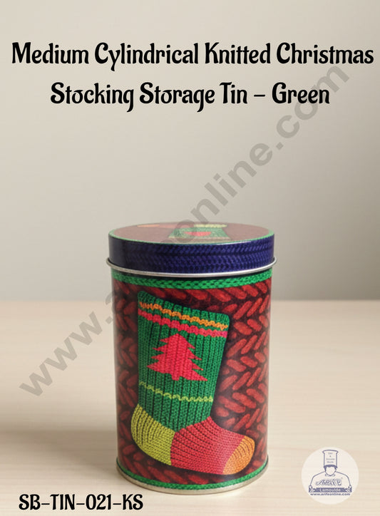 CAKE DECOR™ Medium Cylindrical Knitted Christmas Stocking Storage Tin - Green │Height: 13 cm x Diameter: 9 cm│