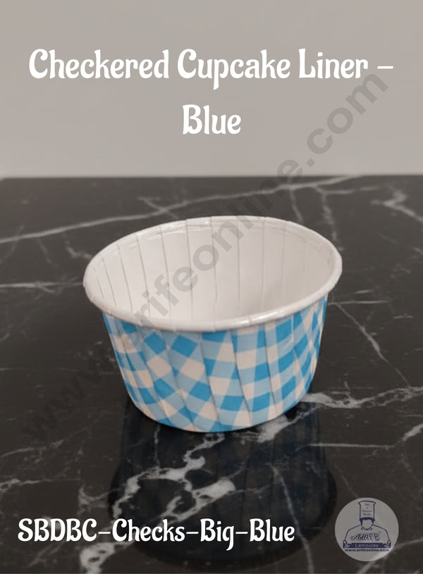 CAKE DECOR™ Blue Checkered Direct Bake-able Paper Muffin Cups - Big (50 Pcs Pack)