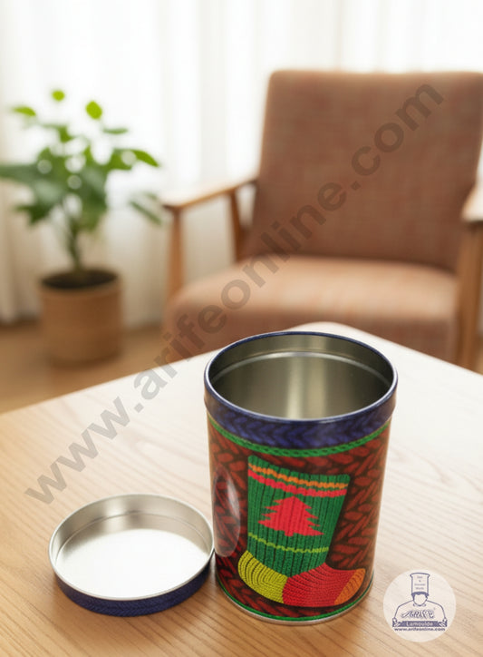 CAKE DECOR™ Medium Cylindrical Knitted Christmas Stocking Storage Tin - Green │Height: 13 cm x Diameter: 9 cm│