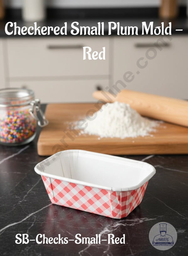 CAKE DECOR™ 10 Pcs Small Checkered Coated White Paper Bake and Serve Plum Cake Mold - Red