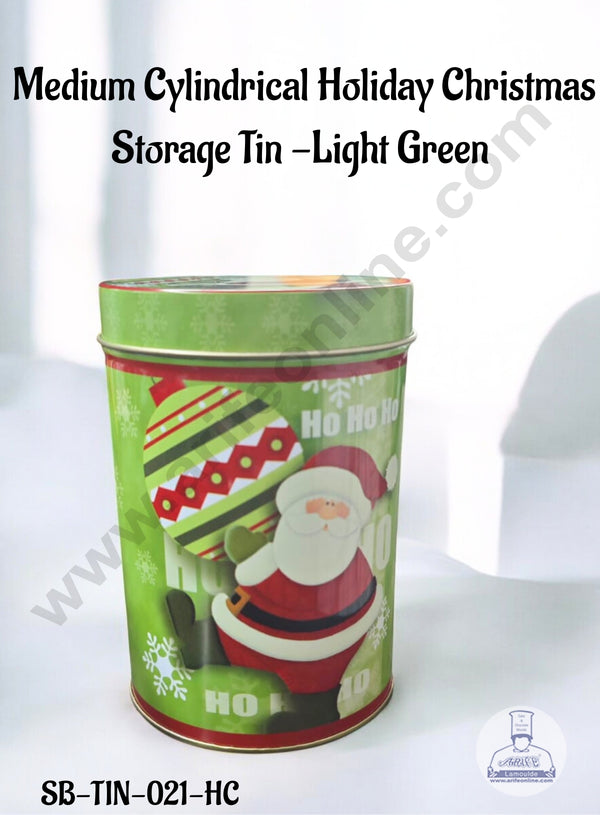 CAKE DECOR™ Medium Cylindrical Holiday Christmas Storage Tin -Light Green │SB-TIN-021-HC│