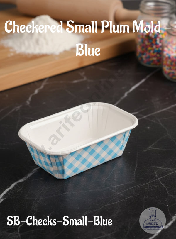 CAKE DECOR™ 10 Pcs Small Checkered Coated White Paper Bake and Serve Plum Cake Mold - Blue
