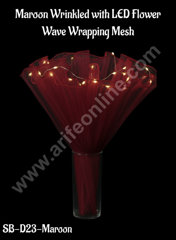CAKE DECOR™ Maroon Wrinkled with LED Flower Wave Wrapping Mesh | Flower Wrapping Bouquet |  (SB-D23-Maroon)| 1 Pc|