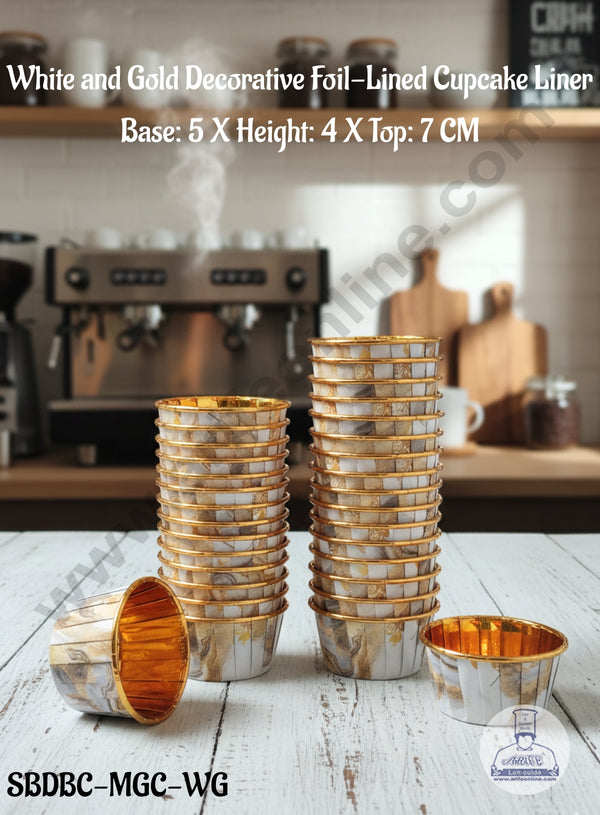 CAKE DECOR™ White and Gold Decorative Foil-Lined Cupcake Liner (50 Pcs) - (SBDBC-MGC-WG)