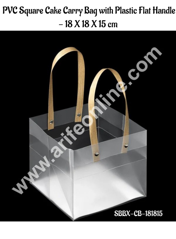 CAKE DECOR™ Frosted PVC Square Cake Carry Bag with Plastic Flat Handle &nbsp;- 18 X 18 X 15 cm | Gift Box | Gift Bag with Handle (1 Pcs Pack)