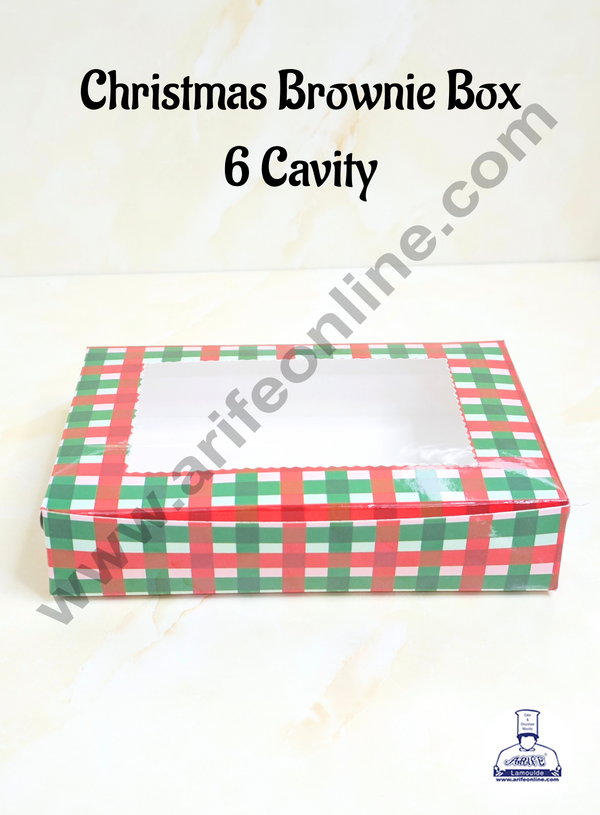 CAKE DECOR™ Red & Green Checks Christmas Theme 6 Cavity Brownie Boxes with Clear Window , Brownie Carriers – Christmas Theme ( 10 Pcs Pack )