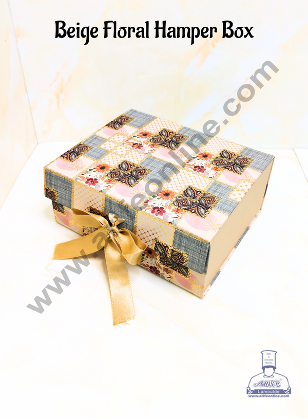 CAKE DECOR™ Beige Floral Folding Hard Hamper Box | Gift Box | Present Box - 1 Pc