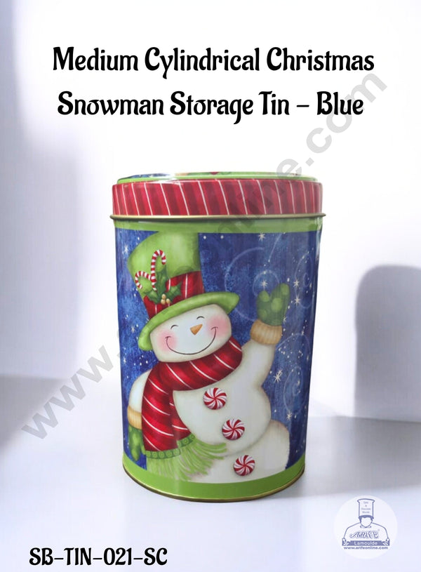 CAKE DECOR™ Medium Cylindrical Christmas Snowman Storage Tin - Blue│Diameter: 8.5 cm x Height: 13 cm│