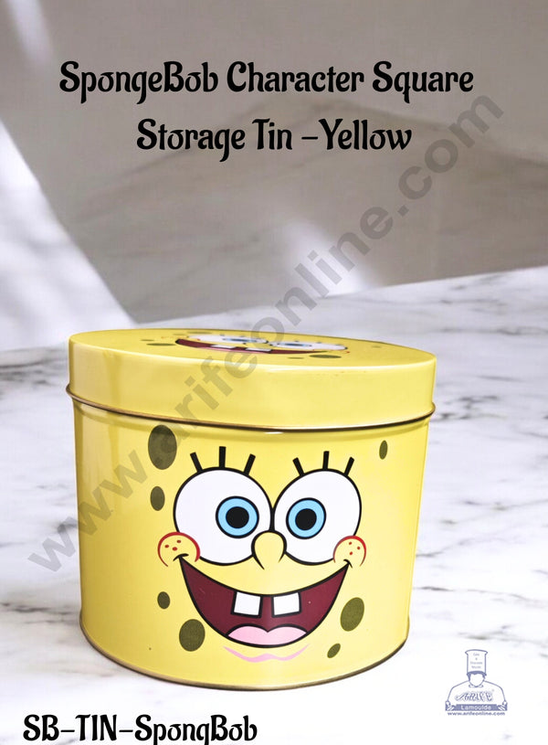 CAKE DECOR™ SpongeBob Character Square Storage Tin -Yellow│Diameter: 13.5 cm x Height: 10.5 cm│
