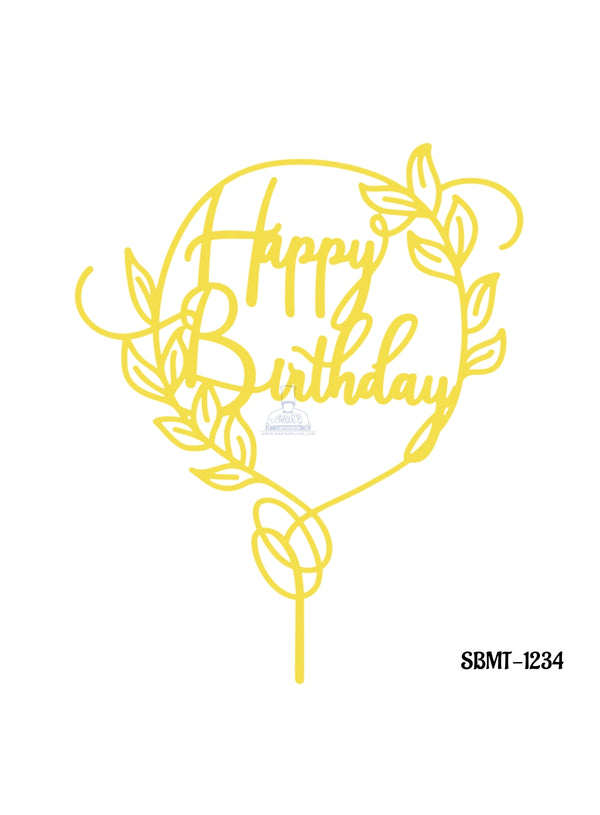 CAKE DECOR™ 5 inch Golden Acrylic Happy Birthday With Round Leaf Cutout Cake Topper And Dessert Decoration ( SBMT-1234 )