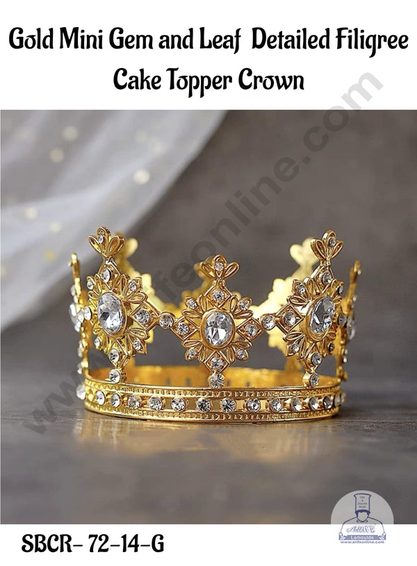CAKE DECOR™ Gold Mini Gem and Leaf  Detailed Filigree Cake Topper Crown - SBCR-72-14-G