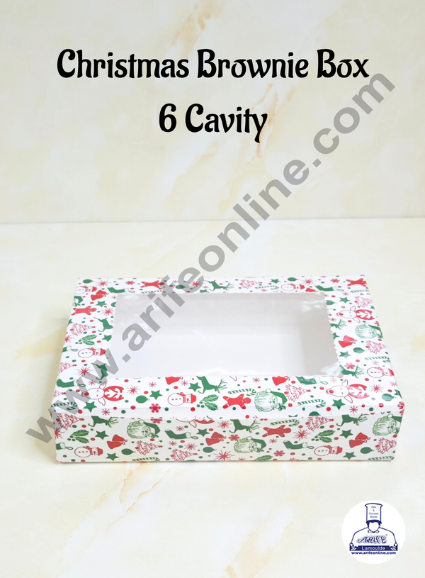 CAKE DECOR™ White color &nbsp;Christmas Theme 6 Cavity Brownie Boxes with Clear Window , Brownie Carriers – Christmas Theme ( 10 Pcs Pack )