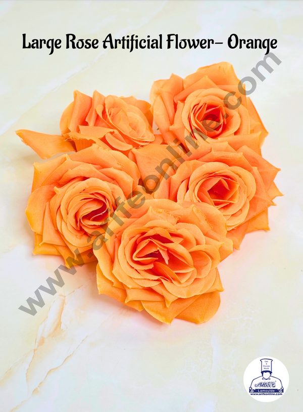 CAKE DECOR™ Large Rose Artificial Flower For Cake Decoration – Orange ( 5 pc pack )