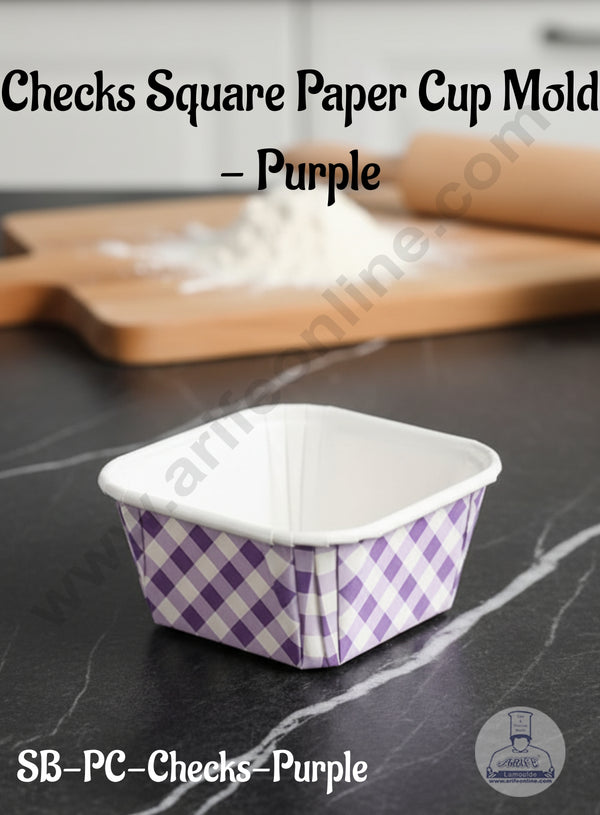 CAKE DECOR™ 10 Pcs Purple Checks Square Paper Cup Bake and Serve Cake Mould