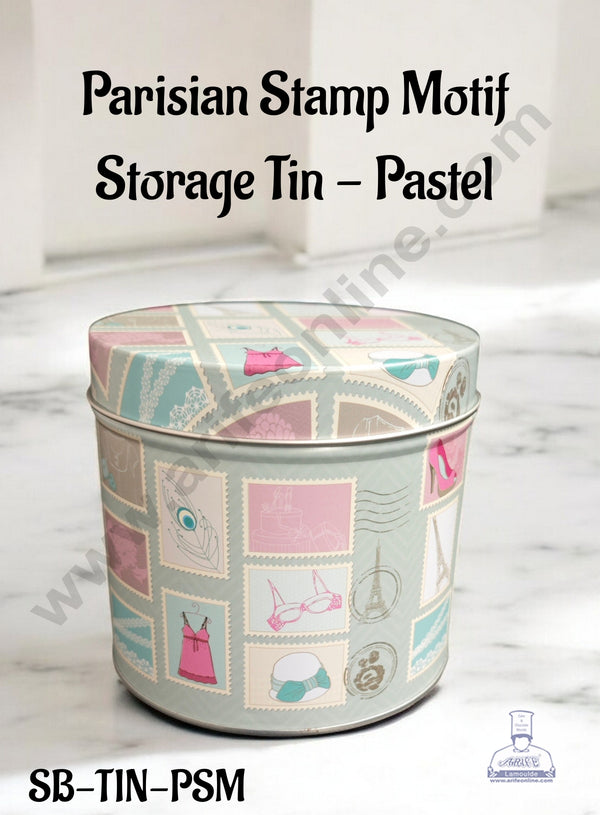 CAKE DECOR™ Parisian Stamp Motif  Storage Tin - Pastel Diameter: 10.5 cm x Height: 9 cm│