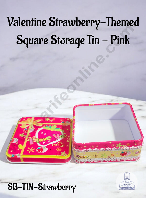 CAKE DECOR™ Valentine Strawberry-Themed Square Storage Tin - Pink│Length: 8 cm x Breadth: 8 cm x Heigth: 4 cm│