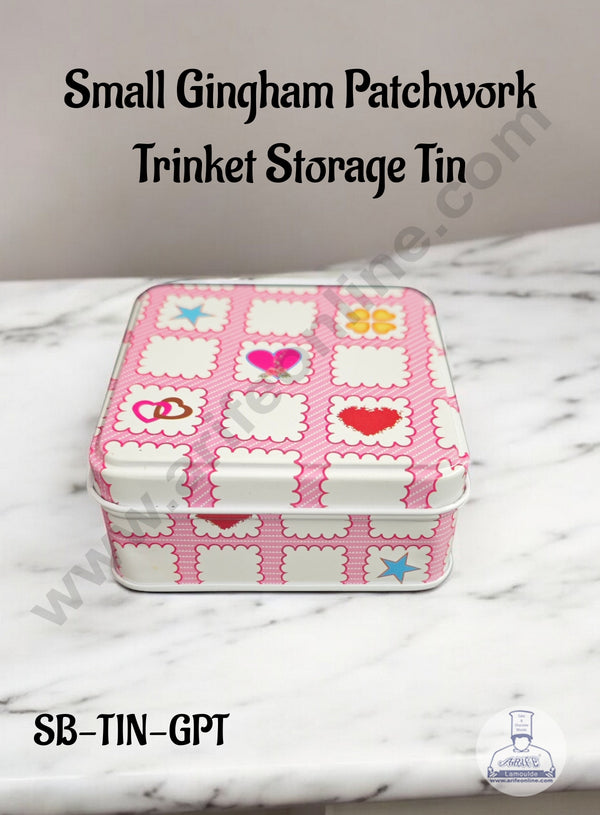 CAKE DECOR™ Small Gingham Patchwork Trinket Storage Tin│Length: 8 cm x Breadth: 8 cm x Height: 4 cm)│