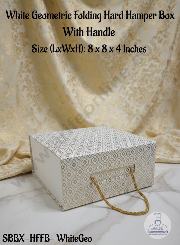 CAKE DECOR™ White Geometric Folding Hard Hamper Box With Handle | Gift Box | Present Box - 1 Pc | SBBX-HFFB-WhiteGeo|