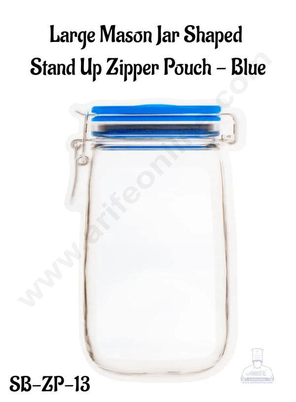 CAKE DECOR™  Large Mason Jar Shaped  Stand Up Zipper Pouch - Blue  (9.8 x 5.5 Inch) (Pack of 10) (SB-ZP-13)