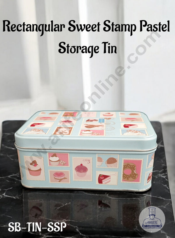 CAKE DECOR™ Rectangular Sweet Stamp Pastel  Storage Tin│Length: 14 cm x Breadth: 10 cm x Height: 6 cm│